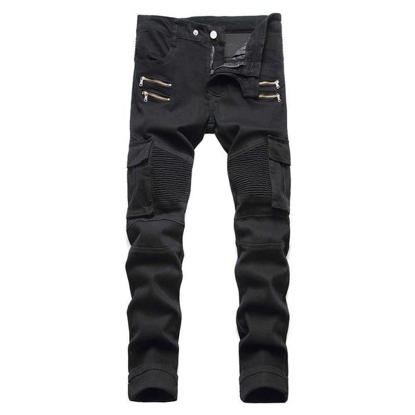 men's jeans men's pockets cargo biker jeans slim straight stretch denim pants zippers pleated trousers black army green t221102, Blue
men's jeans men's pockets cargo biker jeans slim straight stretch denim pants zippers pleated trousers black army green t221102, Blue