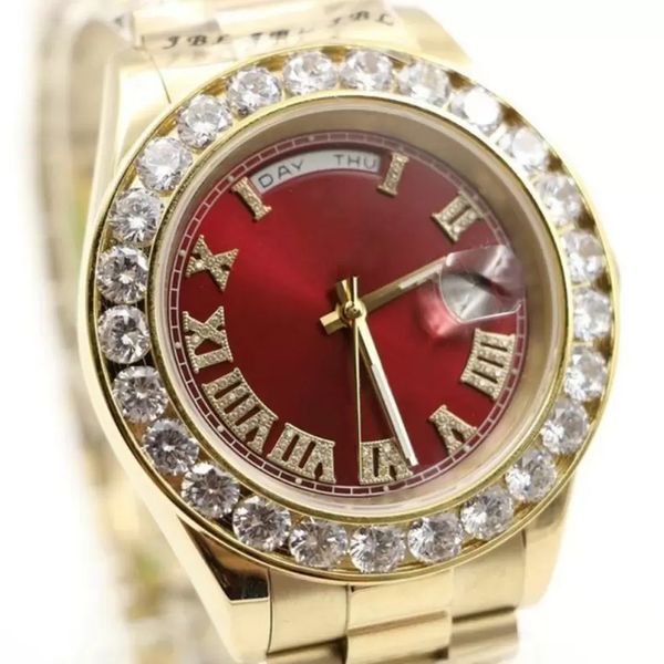 red luxury watch 43mm gold president big diamonds man watches men stainless steel diamond bezel automatic mens reloj, Slivery;brown
red luxury watch 43mm gold president big diamonds man watches men stainless steel diamond bezel automatic mens reloj, Slivery;brown