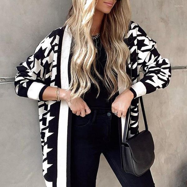 women's knits spring and autumn european american fashion loose thousand bird check printed long sleeved cardigan casual coat women, White
women's knits spring and autumn european american fashion loose thousand bird check printed long sleeved cardigan casual coat women, White