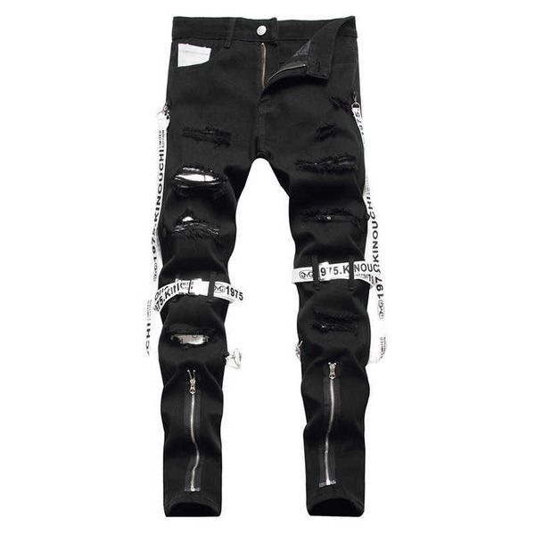 men's jeans men punk zippers black jeans trendy streetwear holes ripped denim pants ribbon slim straight trousers t221102, Blue
men's jeans men punk zippers black jeans trendy streetwear holes ripped denim pants ribbon slim straight trousers t221102, Blue