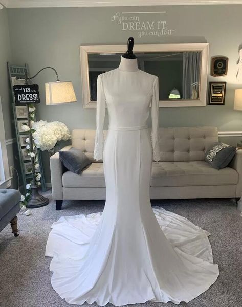 long sleeves modest mermaid wedding gowns dresses 2023 high neck buttons belt stretch crepe simple elegant women wed gown, White
long sleeves modest mermaid wedding gowns dresses 2023 high neck buttons belt stretch crepe simple elegant women wed gown, White