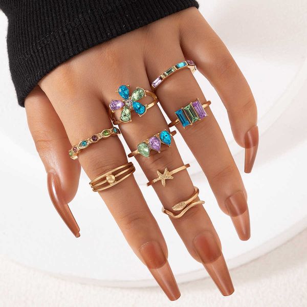 new luxury ol colorful diamond flower ring set geometric snake scallop eight piece ring set female, Silver
new luxury ol colorful diamond flower ring set geometric snake scallop eight piece ring set female, Silver