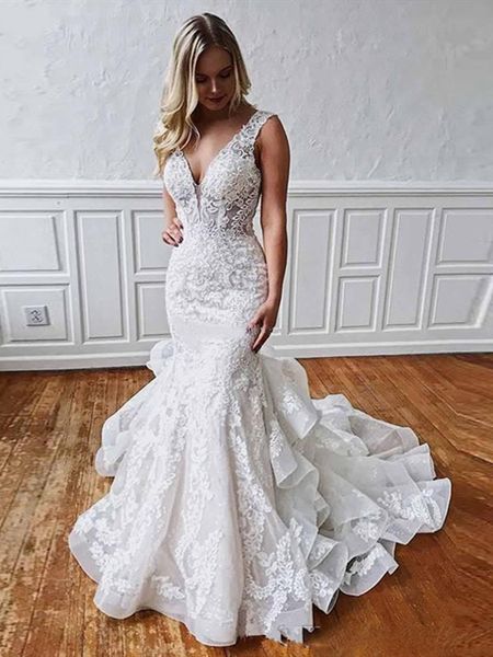 ruffles layered skirt lace mermaid wedding dress robe de mariee backless deep v neck tiered bridal gowns modern design, White
ruffles layered skirt lace mermaid wedding dress robe de mariee backless deep v neck tiered bridal gowns modern design, White