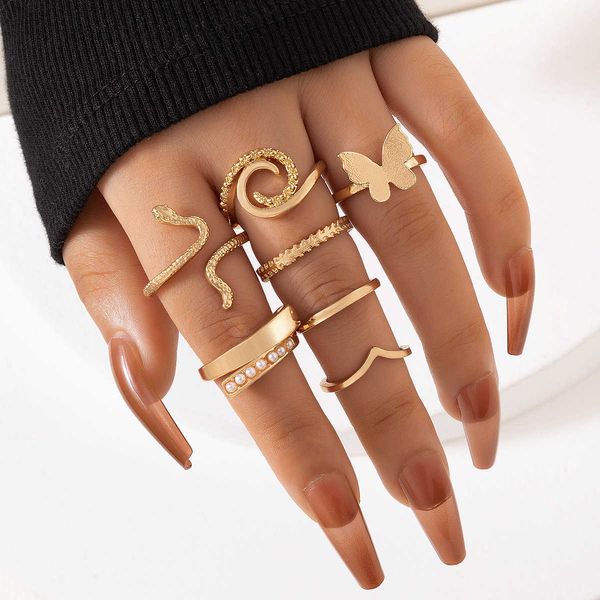 new simple pearl alloy butterfly snake ring geometric animal zodiac seven piece ring set, Silver
new simple pearl alloy butterfly snake ring geometric animal zodiac seven piece ring set, Silver