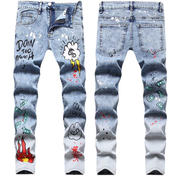 hip hop style multicolor printing hole patch slim elastic fried snowflake small straight jeans, Blue
hip hop style multicolor printing hole patch slim elastic fried snowflake small straight jeans, Blue