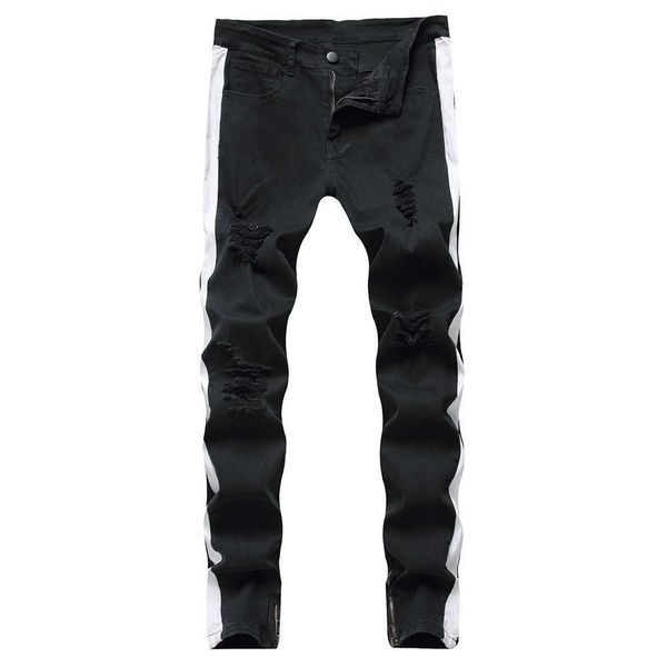 men's jeans men's white lines patchwork stretch denim jeans streetwear zipper holes ripped pants slim trousers t221102, Blue
men's jeans men's white lines patchwork stretch denim jeans streetwear zipper holes ripped pants slim trousers t221102, Blue