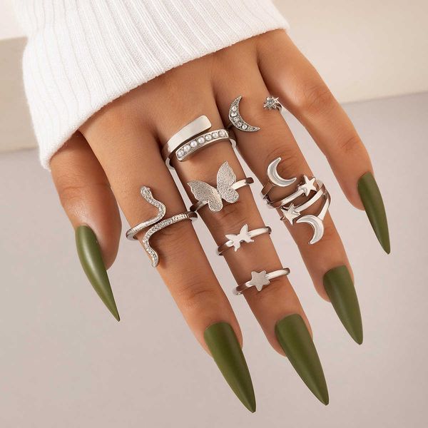 new simple star moon diamond ring set alloy butterfly snake zodiac seven piece ring set, Silver
new simple star moon diamond ring set alloy butterfly snake zodiac seven piece ring set, Silver