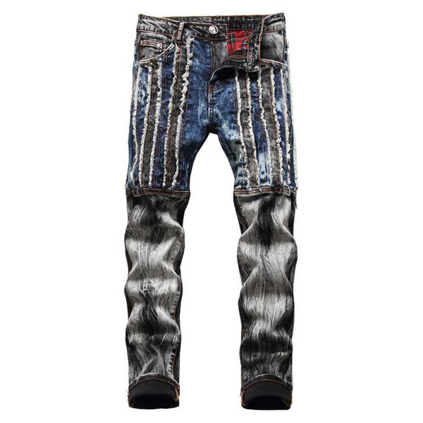 men's jeans men's patchwork ripped crop jeans trendy streetwear slim straight stretch denim pants mid waist ankle length trousers, Blue
men's jeans men's patchwork ripped crop jeans trendy streetwear slim straight stretch denim pants mid waist ankle length trousers, Blue