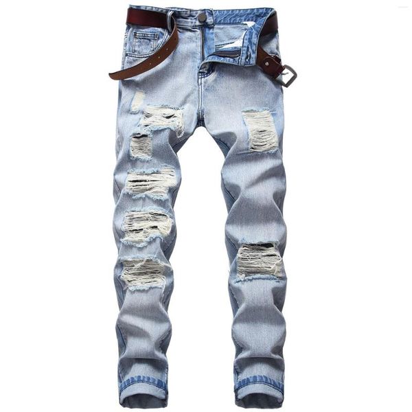 men's jeans men's big hole fashion stretch light color ripped washed straight cotton personality denim trousers pants, Blue
men's jeans men's big hole fashion stretch light color ripped washed straight cotton personality denim trousers pants, Blue