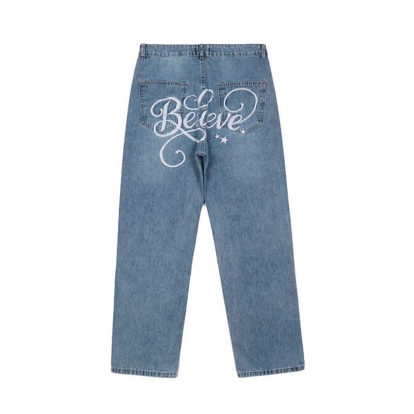 letter embroidery washed old jeans men's fashion brand loose straight pants casual, Blue
letter embroidery washed old jeans men's fashion brand loose straight pants casual, Blue