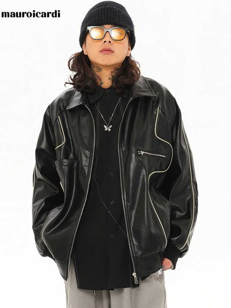 men's leather faux leather mauroicardi spring autumn oversized color block faux leather jacket men zipper casual loose designer clothes, Black
men's leather faux leather mauroicardi spring autumn oversized color block faux leather jacket men zipper casual loose designer clothes, Black