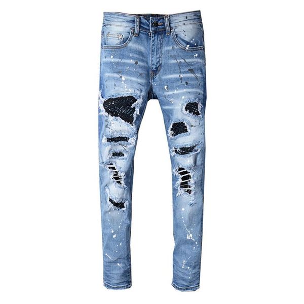 men jeans brand blue elastic destroyed ripped biker jeans men patches broken pants hip hop skinny homme253r
men jeans brand blue elastic destroyed ripped biker jeans men patches broken pants hip hop skinny homme253r
