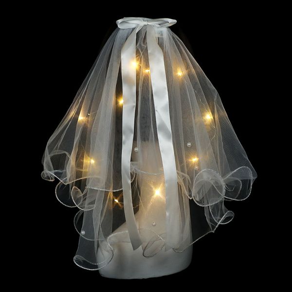 short tulle bridal wedding veil with led lights string bowknot ribbon double layer veil for bride party pgraphy, Black
short tulle bridal wedding veil with led lights string bowknot ribbon double layer veil for bride party pgraphy, Black