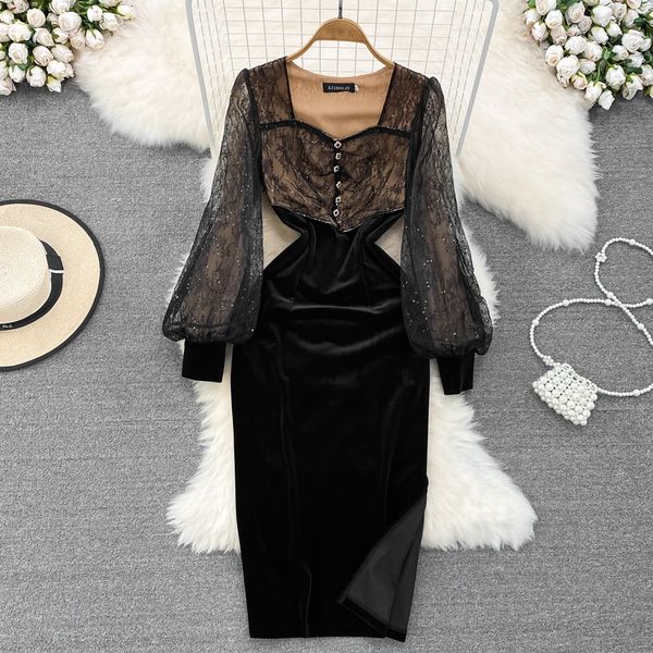 high sense celebrity temperament hip wrap dress square neck slim lantern sleeve sequin lace splicing gold velvet dress, Black;gray
high sense celebrity temperament hip wrap dress square neck slim lantern sleeve sequin lace splicing gold velvet dress, Black;gray