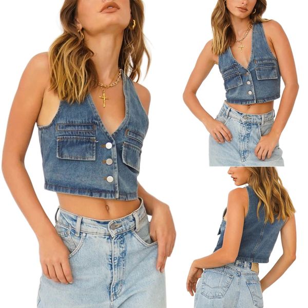 women's tanks women clothing street camisole sleeveless v-neck denim buttons slimming waistcoat casual party blue vest, White
women's tanks women clothing street camisole sleeveless v-neck denim buttons slimming waistcoat casual party blue vest, White