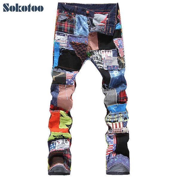men's jeans sokotoo men's patchwork spliced ripped denim jeans male fashion slim colored patch buttons fly straight pants t221102, Blue
men's jeans sokotoo men's patchwork spliced ripped denim jeans male fashion slim colored patch buttons fly straight pants t221102, Blue