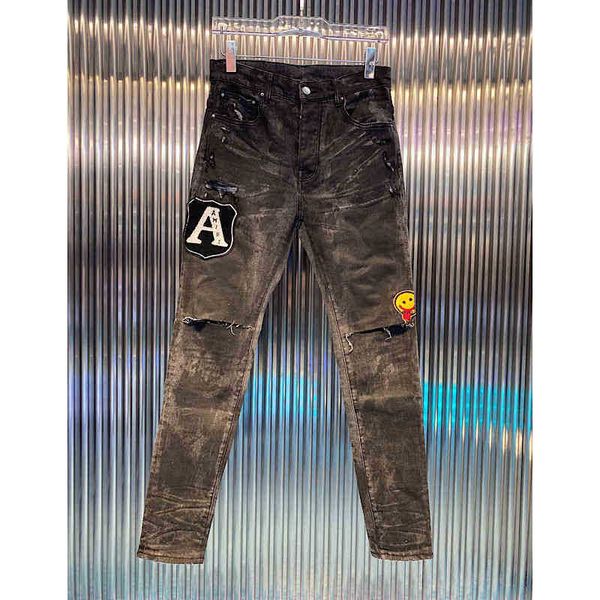 new amirs washed worn tie dyed black letter bae knife cut hole slim legged jeans, Blue
new amirs washed worn tie dyed black letter bae knife cut hole slim legged jeans, Blue