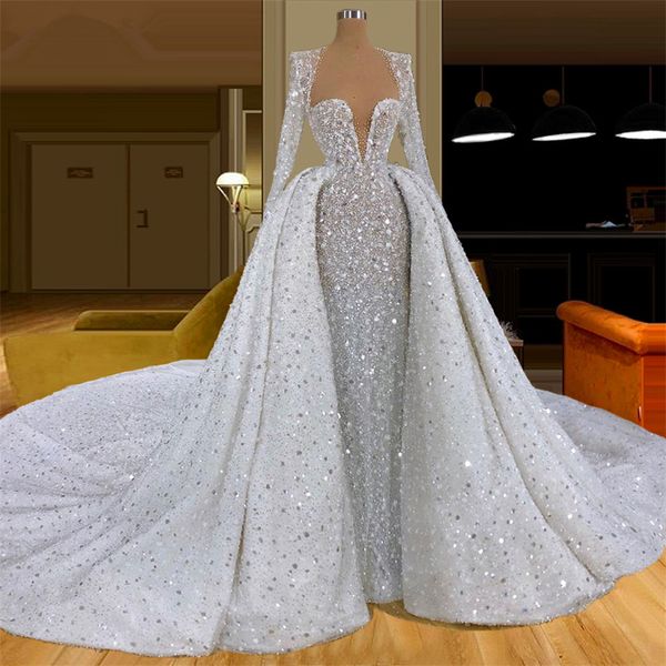 sparking see through mermaid wedding dresses sequins v neck bridal gowns custom made dubai detachable train vestido de novia, White
sparking see through mermaid wedding dresses sequins v neck bridal gowns custom made dubai detachable train vestido de novia, White