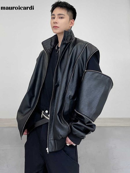 men's leather faux leather mauroicardi jaket kulit buatan hitam ukuran besar musim semi musim gugur pria dengan ritsleting lengan panja, Black
men's leather faux leather mauroicardi jaket kulit buatan hitam ukuran besar musim semi musim gugur pria dengan ritsleting lengan panja, Black