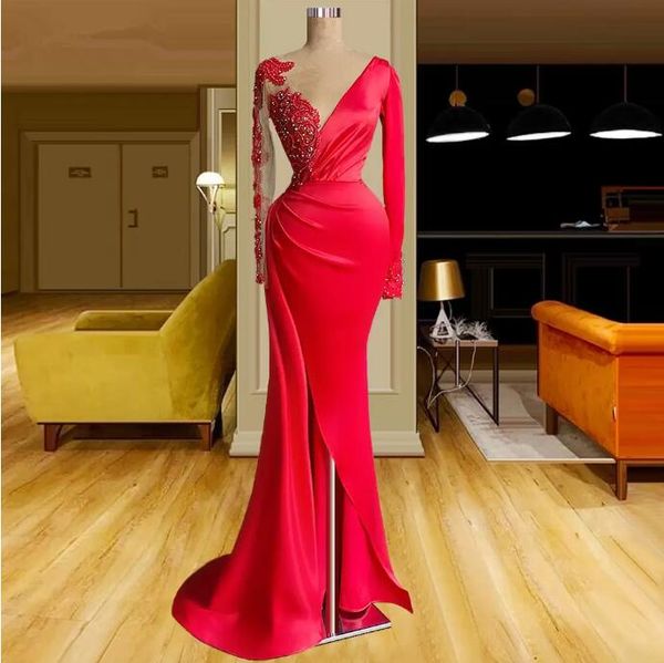 fancy red crystals long sleeves evening dresses sheer v neck stain custom made beaded side split appliques prom gown, Black;red
fancy red crystals long sleeves evening dresses sheer v neck stain custom made beaded side split appliques prom gown, Black;red