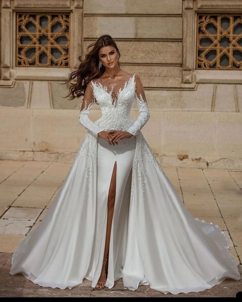 retro pearls long sleeves wedding dresses mermaid sheer jewel bridal gowns custom made split detachable train vestido de novia, White
retro pearls long sleeves wedding dresses mermaid sheer jewel bridal gowns custom made split detachable train vestido de novia, White
