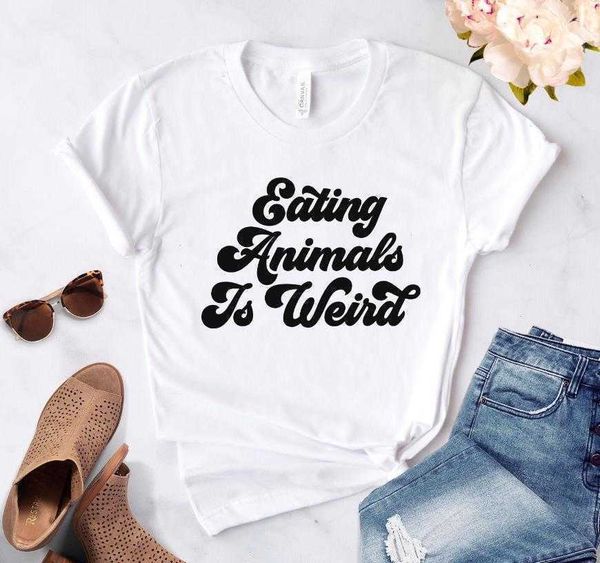 eating animals is weird print t shirt women casual funny for lady girl tee, White