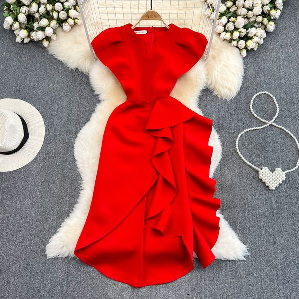 high class light luxury vintage dress temperament v-neck fly sleeve waist tight a-line ruffle irregular dress, Black;gray
high class light luxury vintage dress temperament v-neck fly sleeve waist tight a-line ruffle irregular dress, Black;gray