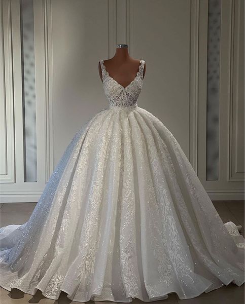princess ball gown wedding dresses appliques v neck sleeveless straps sparkling sequins beads 3d lace ruffles floor length sparkling bridal, White
princess ball gown wedding dresses appliques v neck sleeveless straps sparkling sequins beads 3d lace ruffles floor length sparkling bridal, White