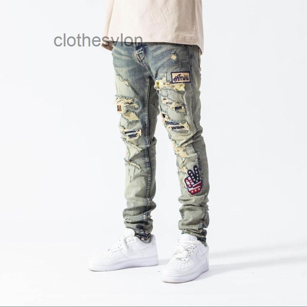 paste 2023 amirs street jeans designer brand wash water make old dirty badge yellow mud cloth wear out hole slim fit man mle, Blue 
paste 2023 amirs street jeans designer brand wash water make old dirty badge yellow mud cloth wear out hole slim fit man mle, Blue