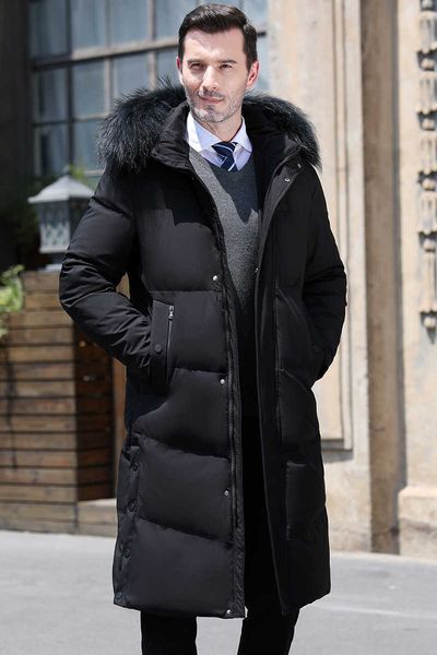 long fur collar over knee plush thickened business casual dad's white duck down jacket men's coat, Black
long fur collar over knee plush thickened business casual dad's white duck down jacket men's coat, Black