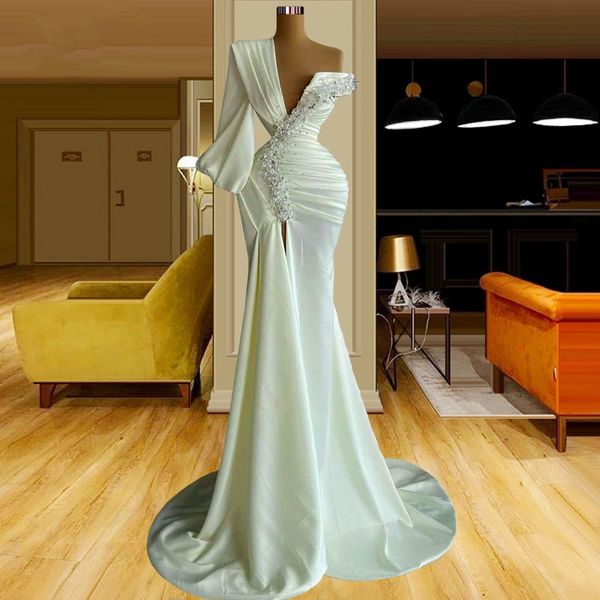 one shoulder mermaid prom dresses 2023 mint green stain long sleeve crystals ruched front split arabic evening dress, Black
one shoulder mermaid prom dresses 2023 mint green stain long sleeve crystals ruched front split arabic evening dress, Black