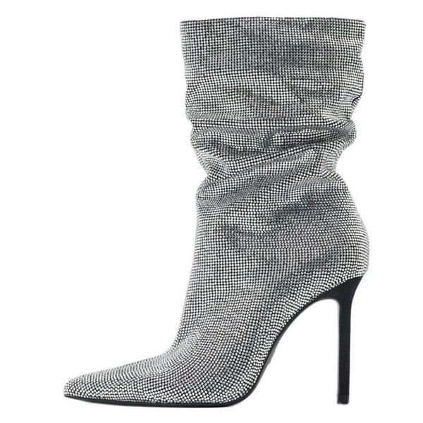 2022 new women's boots mid calf splice pointed rhinestone stiletto autumn and winter non slip suede brand party dress women's shoe, Black
2022 new women's boots mid calf splice pointed rhinestone stiletto autumn and winter non slip suede brand party dress women's shoe, Black