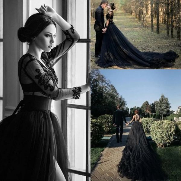 black gothic country a-line wedding dresses with long sleeve v-neck lace applique cathedral train sheer back boho bridal dress, White
black gothic country a-line wedding dresses with long sleeve v-neck lace applique cathedral train sheer back boho bridal dress, White
