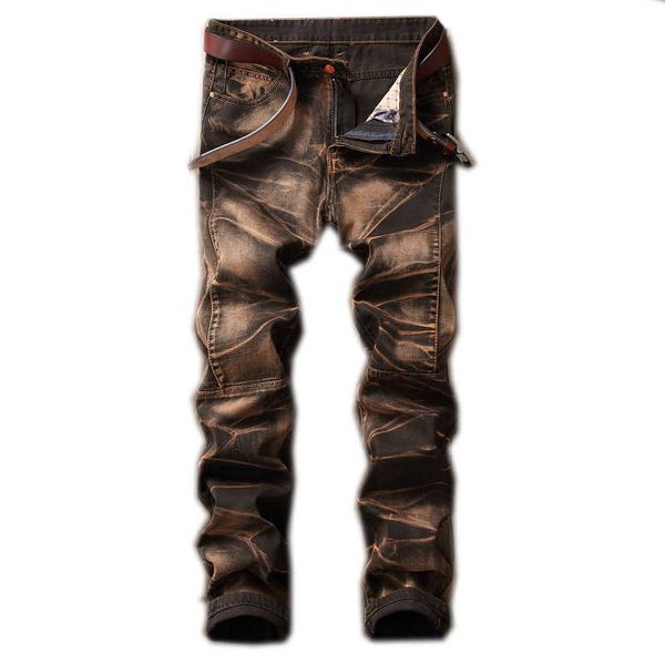 Men's Jeans 2022 High Quality Men Casual Jeans Coated Slim Straight Pleated Biker Jeans Pants Male Denim Casual Pants Plus Size 42
