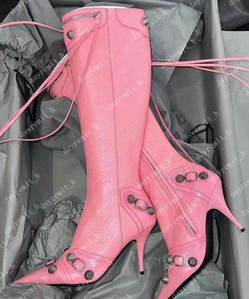 designer boots cagole lambskin leather knee-high boots stud buckle embellished side zip shoes pointed toe stiletto heel tall booties, Black
designer boots cagole lambskin leather knee-high boots stud buckle embellished side zip shoes pointed toe stiletto heel tall booties, Black
