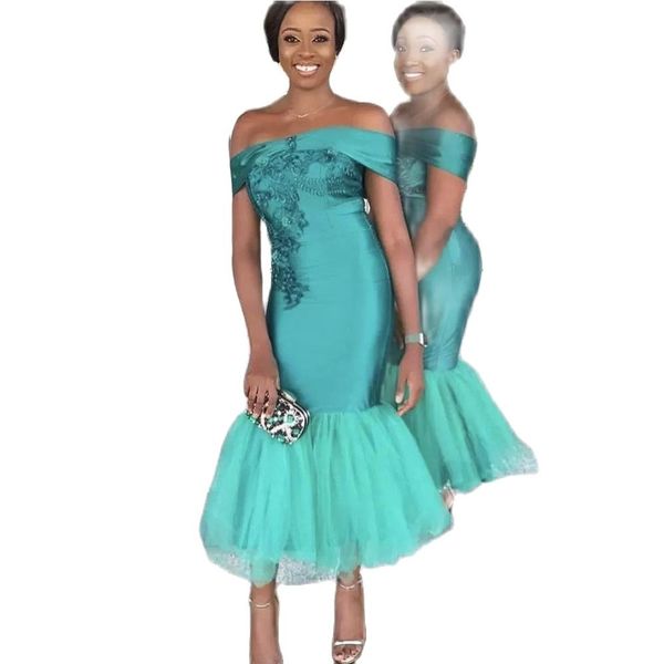 mermaid prom dresses off shoulder appliques ankle length tulle short formal party evening gowns, Black
mermaid prom dresses off shoulder appliques ankle length tulle short formal party evening gowns, Black