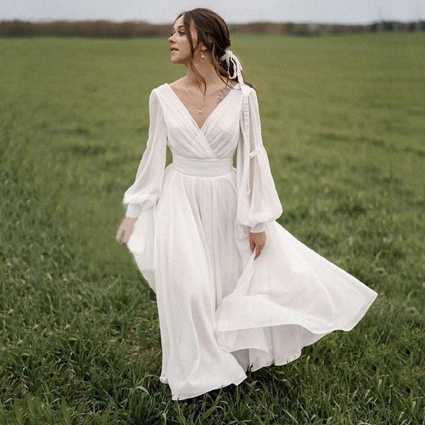chiffon beach wedding dresses puff sleeve vintage bride dress mid-calf vestido de novia v neck boho wedding gowns, White
chiffon beach wedding dresses puff sleeve vintage bride dress mid-calf vestido de novia v neck boho wedding gowns, White