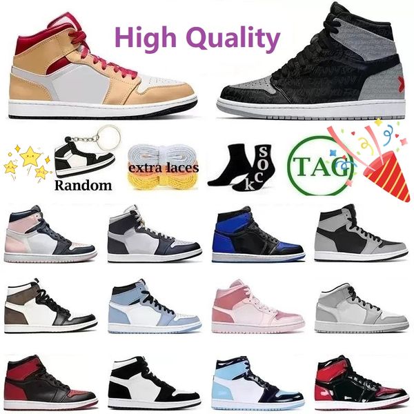 Image of 2022 Jumpman 1 1s mens basketball shoes Outdoor Sneakers Trainers 1s Bred Patent University Blue UNC Shadow Chicago Toe retro women men