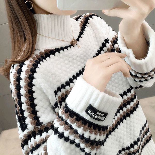 women oversized sweater long sleeve pullover jumper 2021 winter loose warm clothes elegant mock neck female vintage striped top, White;black
women oversized sweater long sleeve pullover jumper 2021 winter loose warm clothes elegant mock neck female vintage striped top, White;black