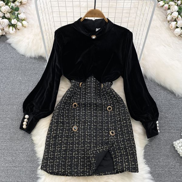 2022 autumn and winter retro style dress stand collar long sleeve waist slim golden velvet coarse tweed splice a-line dress, Black;gray
2022 autumn and winter retro style dress stand collar long sleeve waist slim golden velvet coarse tweed splice a-line dress, Black;gray
