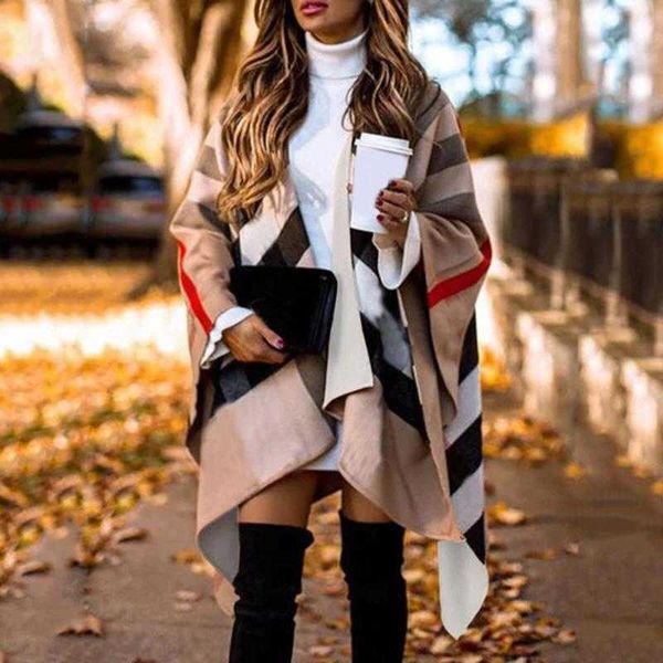 Image of Scarves Autumn Winter Women Fashion Batwing Sleeve Coat Plaid Stripes Poncho Scarf Shawl Vintage Panchos Female