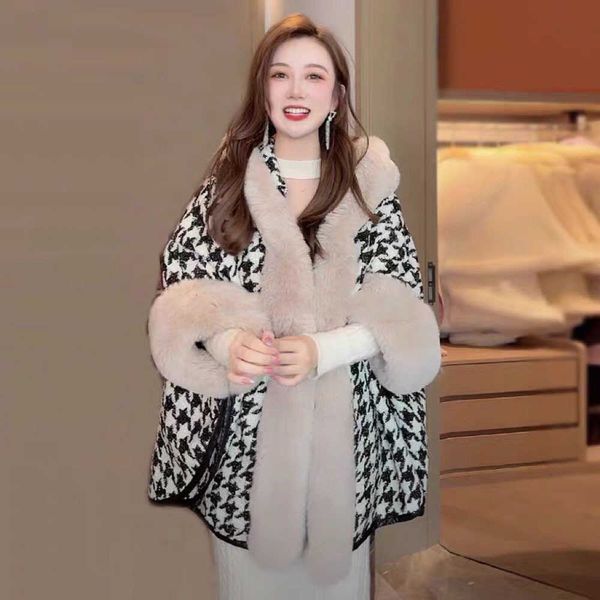 women's fur faux fur autumn winter new loose houndstooth poncho women cloak faux fur collar cape hooded knit cardigan woolen coat woman, Black
women's fur faux fur autumn winter new loose houndstooth poncho women cloak faux fur collar cape hooded knit cardigan woolen coat woman, Black