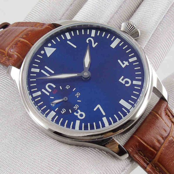 44mm luminous hands 17 jewels blue sterile dial 6497 movement manual mechanical mens watch leather strap, Black;brown
44mm luminous hands 17 jewels blue sterile dial 6497 movement manual mechanical mens watch leather strap, Black;brown