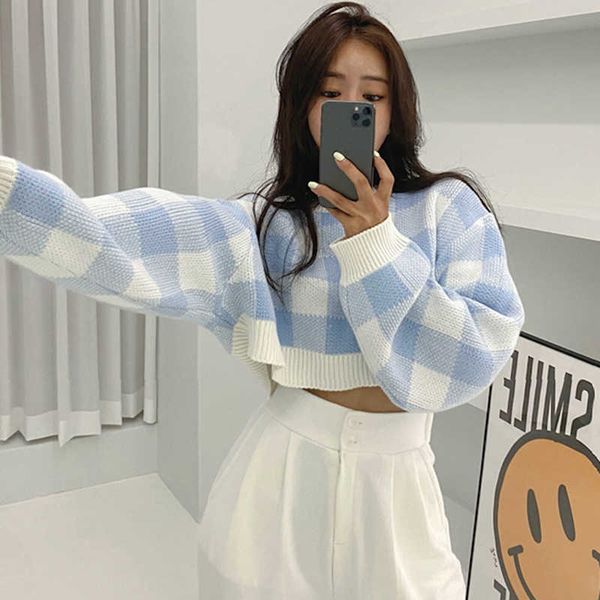sweaters women's clothing vintage blue plaid knitting sweater round neck long sleeves casual korean fashion baggy ladies autumn y2211, White;black
sweaters women's clothing vintage blue plaid knitting sweater round neck long sleeves casual korean fashion baggy ladies autumn y2211, White;black