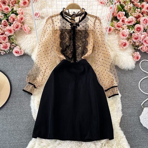 autumn high end celebrity temperament dress bowknot stand neck dot lace splice waist slim a-line dress, Black;gray
autumn high end celebrity temperament dress bowknot stand neck dot lace splice waist slim a-line dress, Black;gray