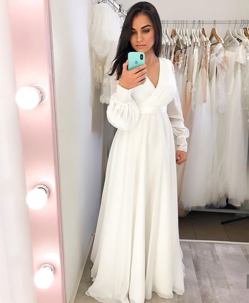 long v-neck wedding dress chiffon simple puff floor length elegant for women charming robe de mariee vestido, White
long v-neck wedding dress chiffon simple puff floor length elegant for women charming robe de mariee vestido, White