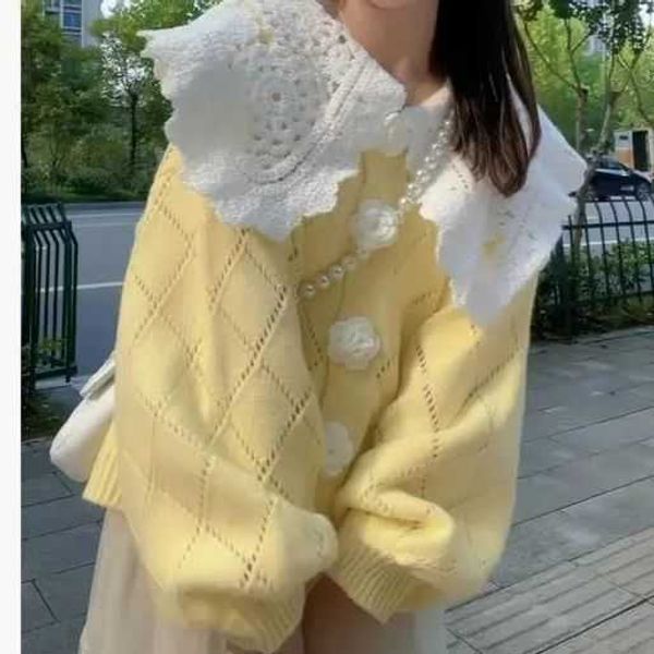 sweaters peter pan collar sweater women 2022 autumn winter new lace design sense flower knitted cardigan sweet cute korean pullovers y2211, White;black
sweaters peter pan collar sweater women 2022 autumn winter new lace design sense flower knitted cardigan sweet cute korean pullovers y2211, White;black