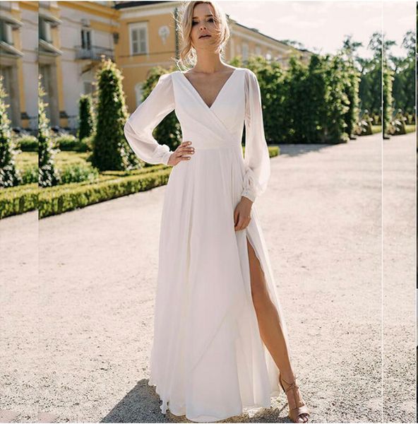 a-line wedding dress simple v-neck bohemian robe de mariee slit long sleeve floor length chiffon bridal gowns, White
a-line wedding dress simple v-neck bohemian robe de mariee slit long sleeve floor length chiffon bridal gowns, White