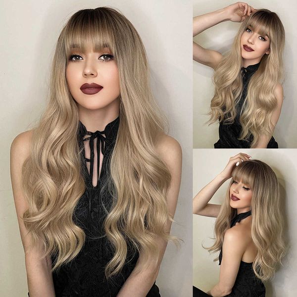 hair lace wigs brown head cover gradual color long curly hair fashionable and layered with bangs wigs, Black
hair lace wigs brown head cover gradual color long curly hair fashionable and layered with bangs wigs, Black