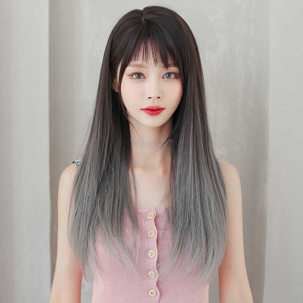 hair lace wigs women's hair slanting bangs side parting fashion gradient gray long straight head wig cover, Black
hair lace wigs women's hair slanting bangs side parting fashion gradient gray long straight head wig cover, Black